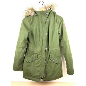 Hollister Women's Green Fur Hood Parka Jacket Size S Sherpa Lined‎ Winter Coat